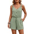 thumbnail image 2 of Womens Romper Sleeveless Spaghetti Strap Linen Overalls V Neck Button Front Drawstring Waist Jumpsuit Shorts with Pockets Cyan XS, 2 of 4
