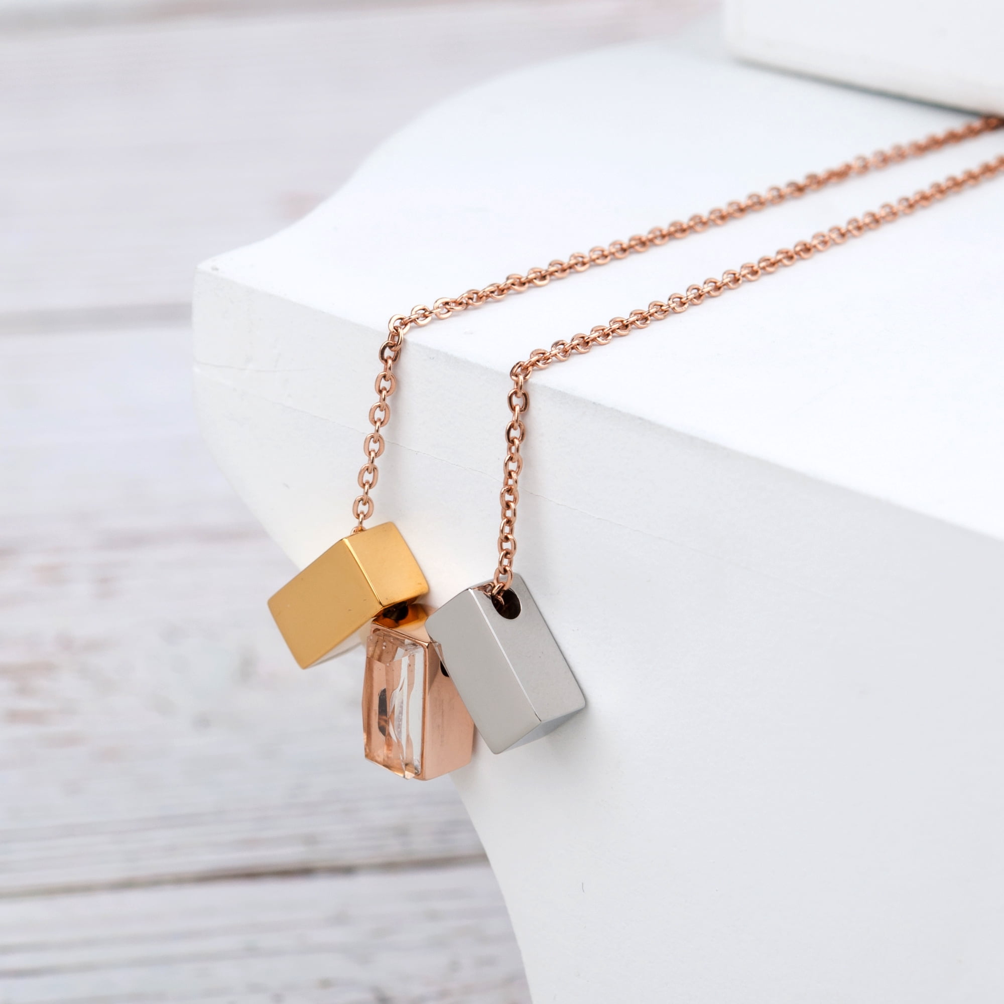 Anavia See You Cremation Necklace for Ashes, Mini See Through Urn Necklace, Mini Cube Cremation Pendant, Cremation Jewelry, Memorial Jewelry, Mini Urn w/ Multicolor Cubes-[Gold & Rose Gold & Silver]