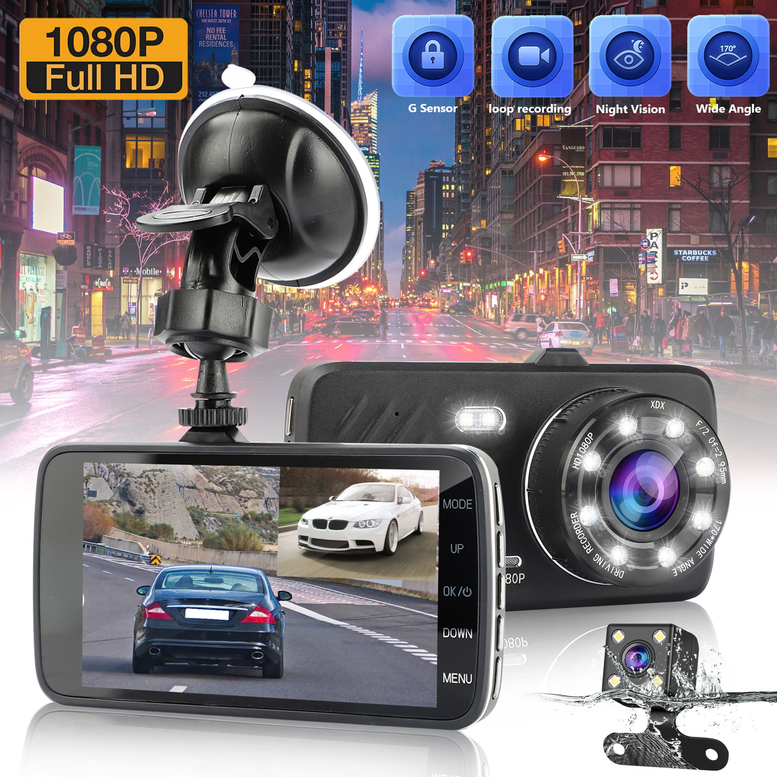 Dual Dash Cam, 1080P 170° Front & Rear Dash Camera with 4" HD Screen