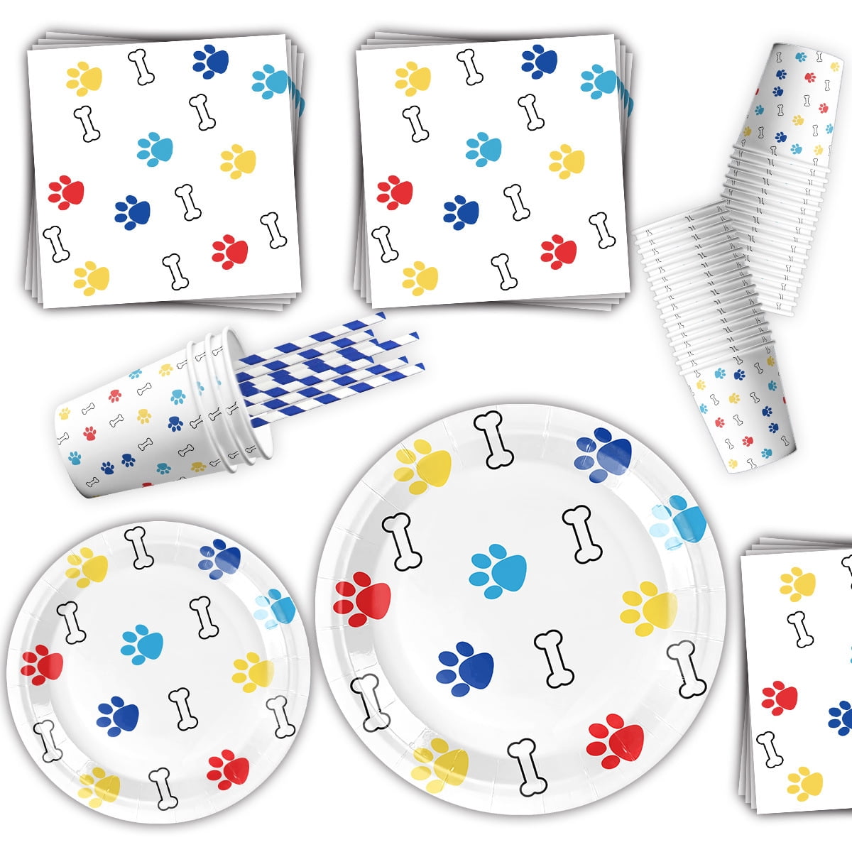 Colorful puppy paw print party decorations, birthday party supplies, disposable tableware sets