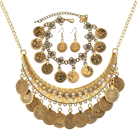 DESIGNICE 3Pc Bohemian Coin Necklace Bracelet Earrings Set Gypsy Women'S Jewelry Pirate Costume Accessories Gift Costume Jewelry for Women