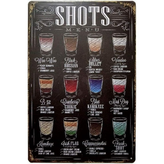 Beer Signs Metal Tin Signs for Bar Decoration Man Cave Home Decor (Shots Menu Sign)