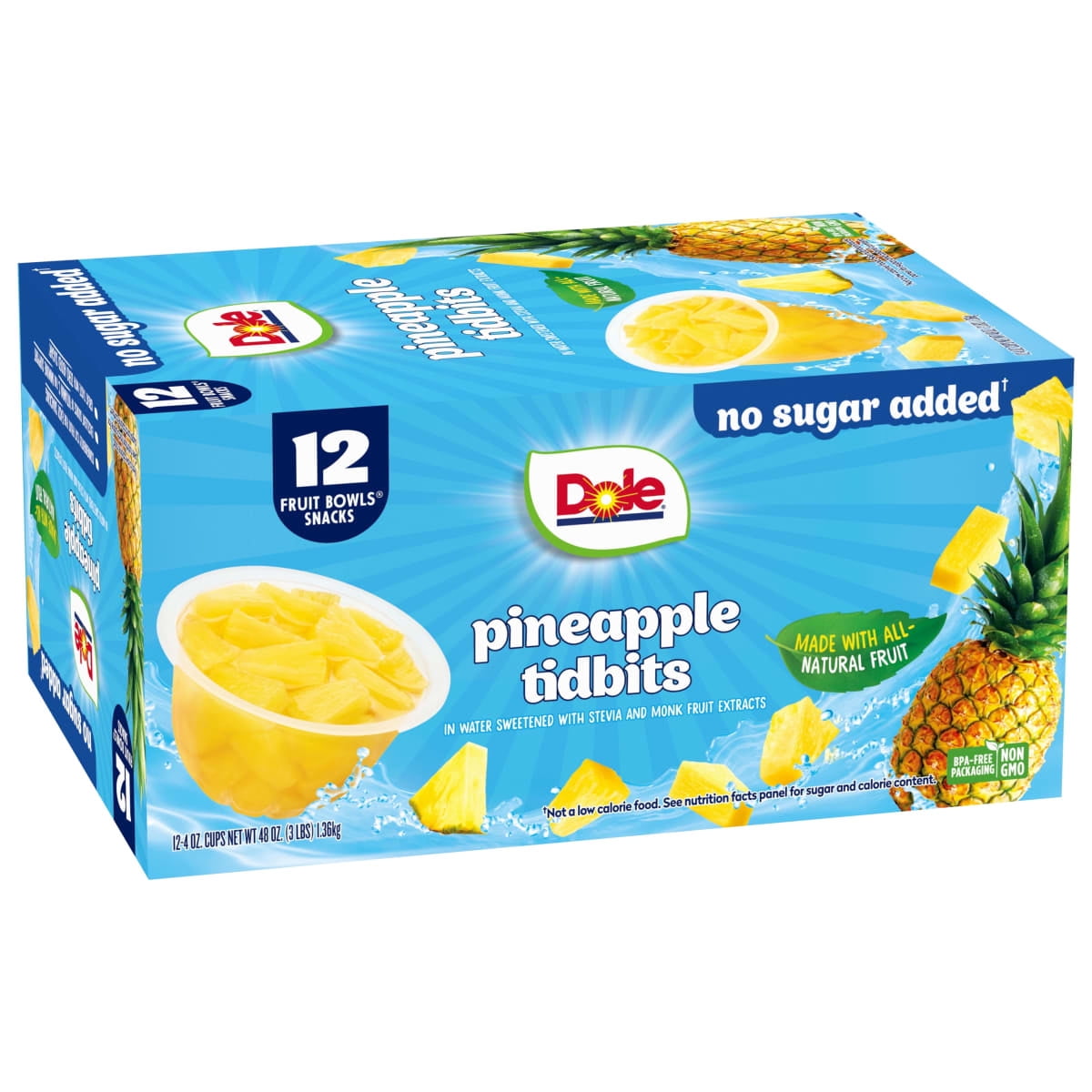 Dole Fruit Bowls No Sugar Added Pineapple Tidbits, 4 oz Cups (12 Pack)