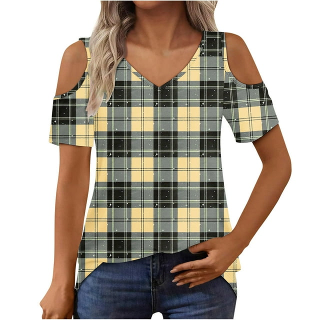 Tops de Algodón para las Mujeres Impresión de Manga Corta Cuello en V Fuera Del Hombro Blusa de Moda, Imitación de Algodón para el Hogar Diario