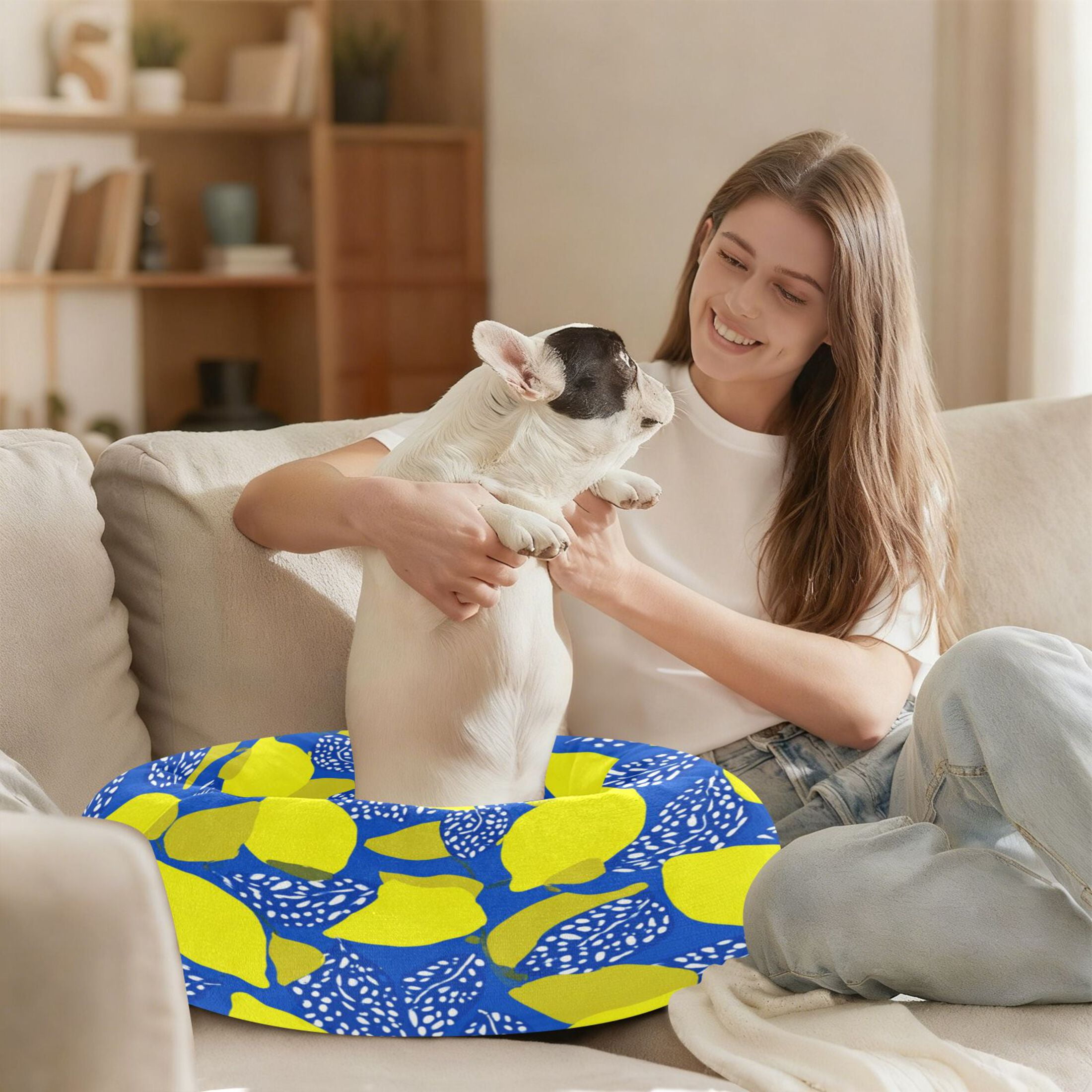 Iauyy Pet Couch Donut Cat Bed for Indoor Cats/Small Dogs Washable & Machine with Non-slip Bottom Calming Cat Furniture, Lemon Leaves (M)