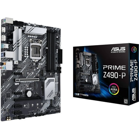 ASUS PRIME Z490-P ATX motherboard with dual M.2, 11 DrMOS power stages, 1 Gb Ethernet, HDMI, DisplayPort, SATA 6Gbps, USB 3.2 Gen 2, Thunderbolt 3 support, and Aura Sync RGB Lighting