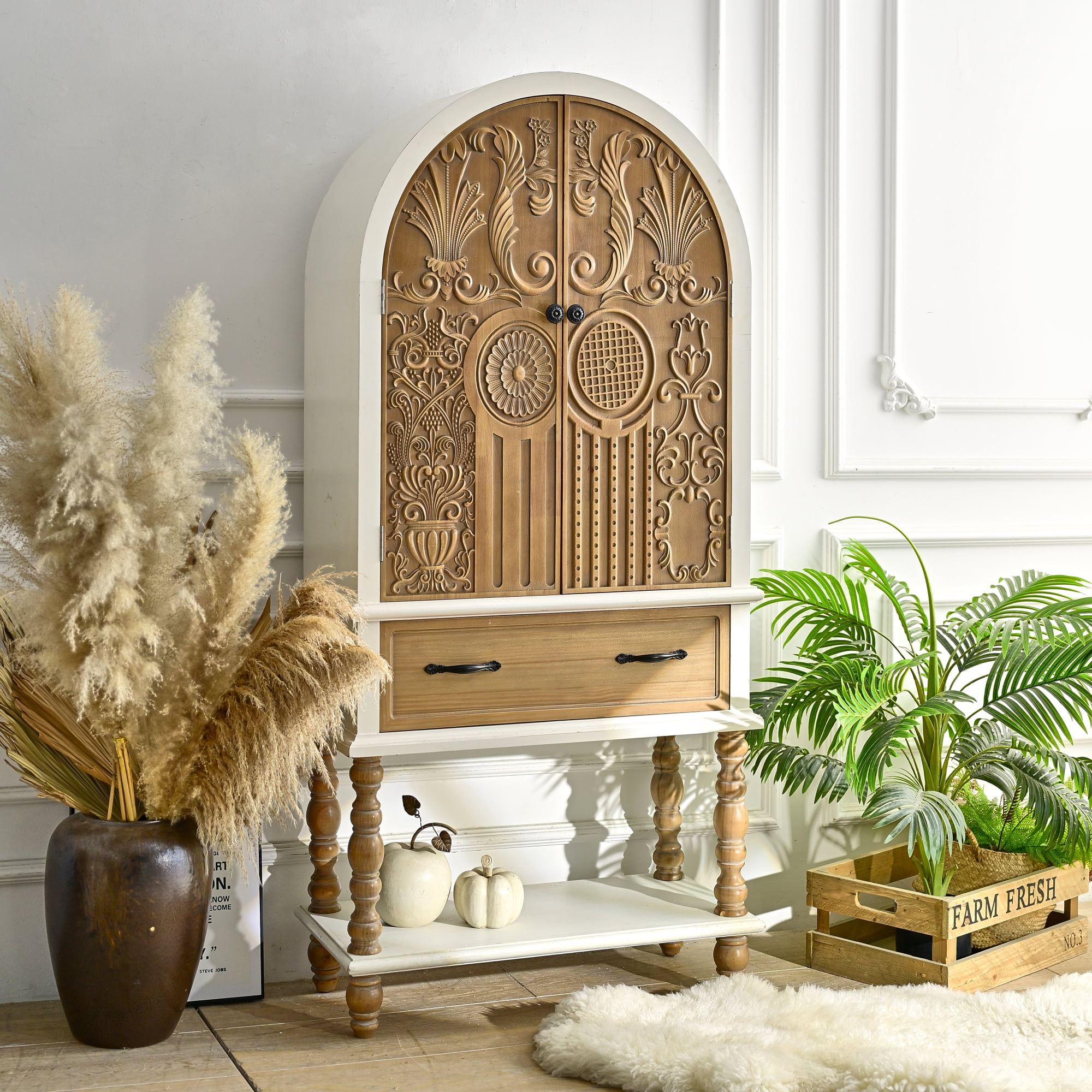 Leumius 31.50" Arched Flower Carved Door Accent Sideboard Cabinet with 1 Drawer and Shelf, Wooden Cabinet for Kitchen, Dining Room, Living Room