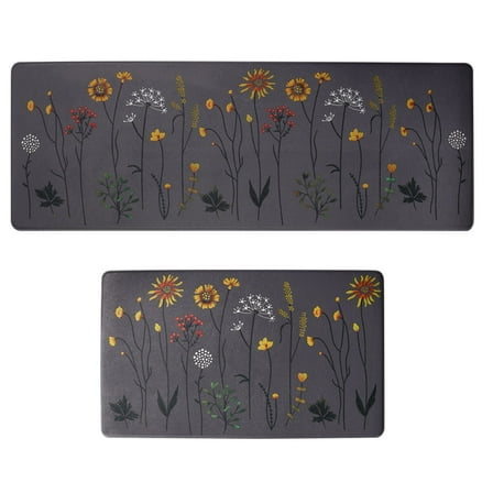 2 Pcs Colorful Floral Anti-Fatigue Kitchen Mats Set, Non-Slip and Cushioned for Floor, Sink, and Office Use, Sizes 17" x 47" and 17" x 29",(Grey)