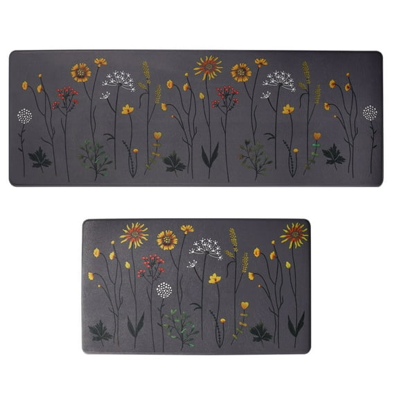 2 Pcs Colorful Floral Anti-Fatigue Kitchen Mats Set, Non-Slip and Cushioned for Floor, Sink, and Office Use, Sizes 17" x 47" and 17" x 29",(Grey)