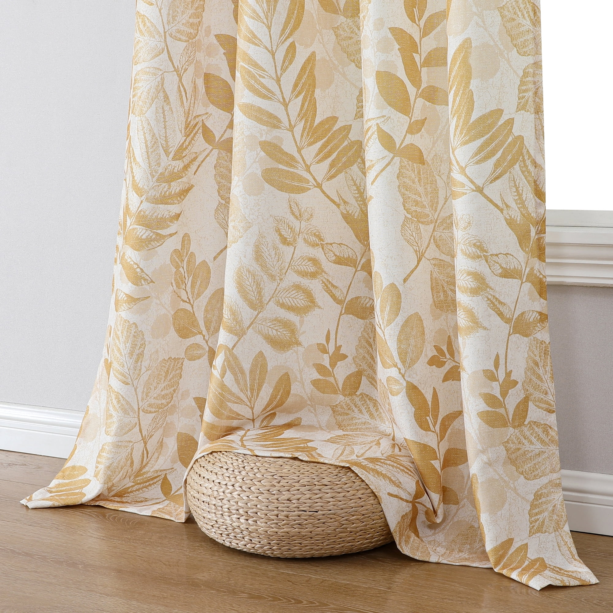 Bohogeo Linen Curtains for Living Room 84 inch Length Leaf Print Botanical Sheer Curtains Natural Texture Soft Touch Light Filtering Privacy Protect Drapes, Gold, 55" Wide, Set of 2 Panel