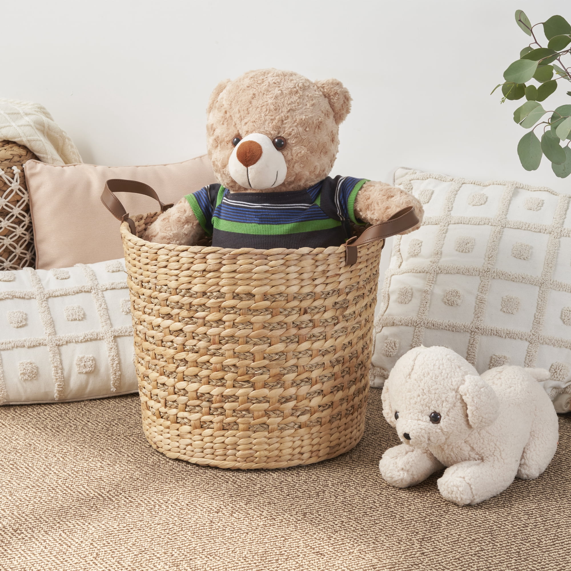 Leumius 16.75 Gal Laundry Hamper Wicker Laundry Basket with Handles, Round Clothes Hamper with Removable Liner Bags Rattan Laundry Basket for Clothes