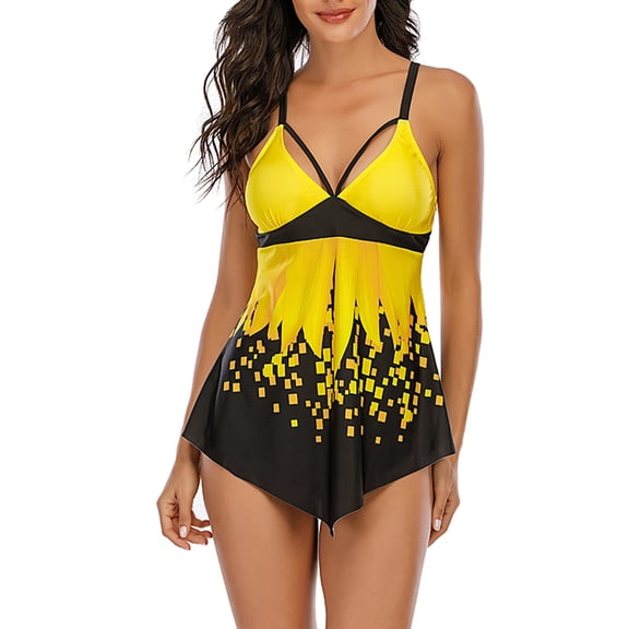 BUIgtTklOP Swimsuits for Women Plus,Women Soilds Textured Scalloped Tankini Swimsuit Bikini Beachwear Swimmear Yellow XL