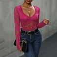 thumbnail image 4 of JGGSPWM Women's Sheer Floral Lace Long Sleeve Bodysuit: V Neck Slim Fit Bottom Shirts for Elegant Comfort Hot Pink XL, 4 of 6
