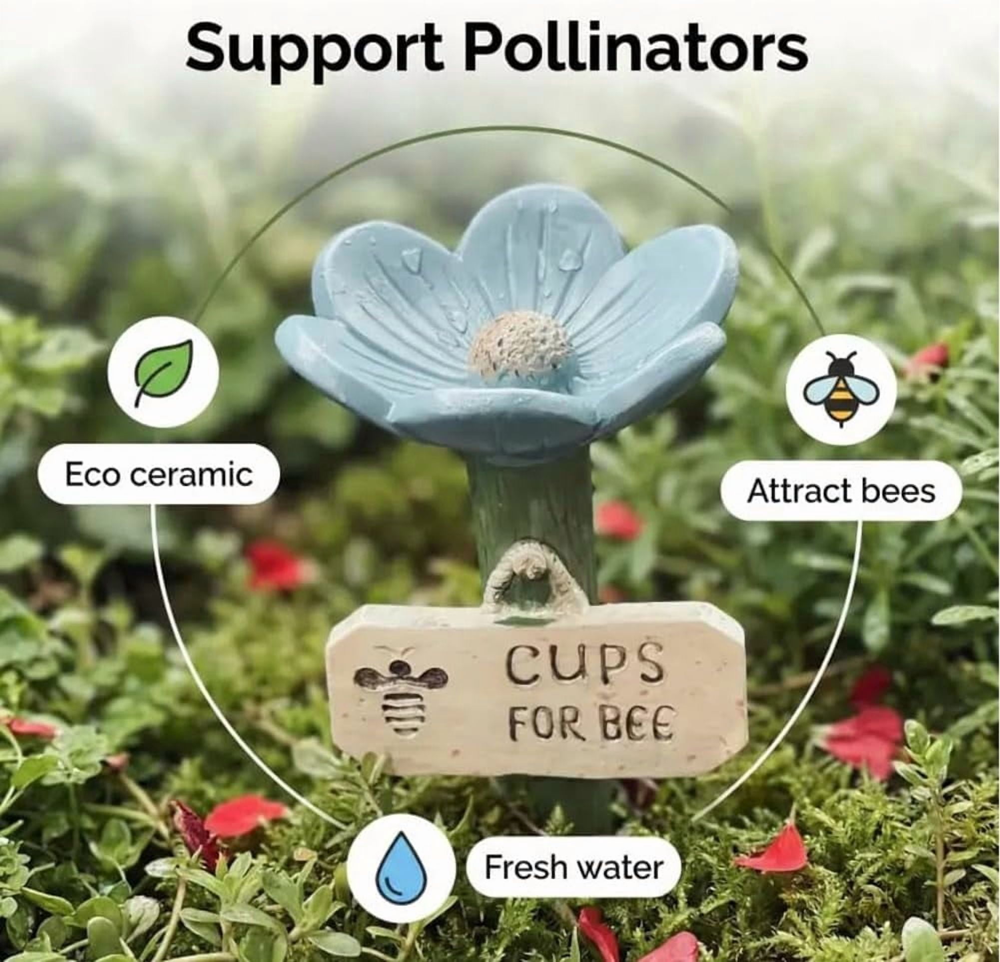 Flower-Shaped Ceramic Bee Watering Station, Hummingbird Feeder with Flower Design, Outdoor Pollinator Water Bowl with Textured Center, Bee Pollinator Feeder Drinking Cup with Stake Base(Blue)