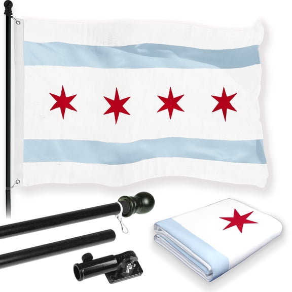 G128 Combo Pack: 6 Feet Tangle Free Spinning Flagpole (Black) Chicago City Flag 3x5 ft Printed 150D Brass Grommets (Flag Included) Aluminum Flag Pole
