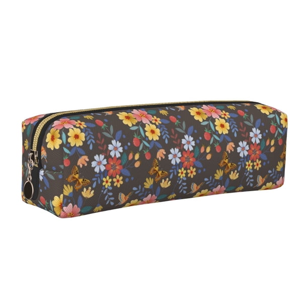 Balery Colorful Flowers with Butterfly Estuche de Lápices de Cuero Impreso, Estuche para Suministros de Arte, Estuche de Lápices con Cremallera, Estuche de Almacenamiento de Papelería