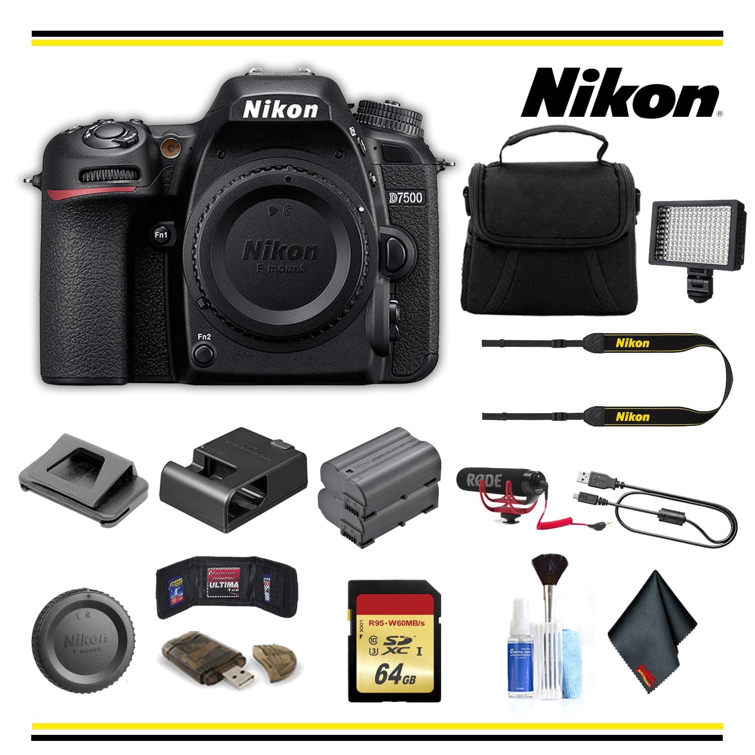 Nikon D7500 DSLR Camera Body Bundle with Camera Bag Extra Battery LED Light & Microphone (International Model)