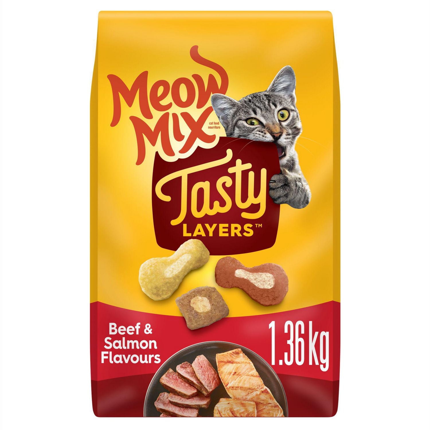 Meow Mix Tasty Layers Boeuf et Saumon Nourriture Sèche Pour Chats 1.36kg 1,36 kg