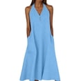 thumbnail image 2 of Gamivast Dresses for Women Linen Halter V-Neck Sleeveless Maxi Dress with Pockets Casual Loose Fit Button Front Summer Beach Vacation Dress Blue XXL, 2 of 7
