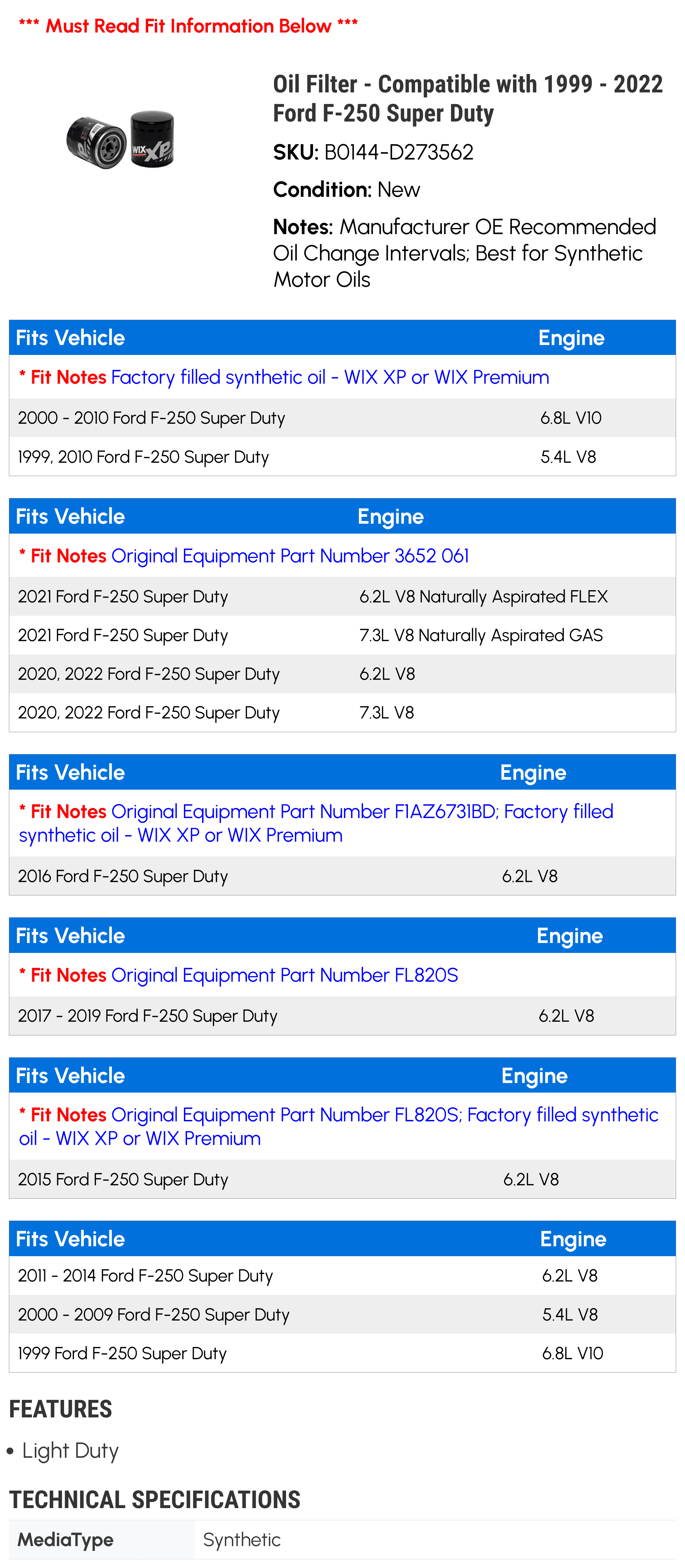 Oil Filter - Compatible with 1999 - 2022 Ford F-250 Super Duty 2000 2001 2002 2003 2004 2005 2006 2007 2008 2009 2010 2011 2012 2013 2014 2015 2016 2017 2018 2019 2020 2021