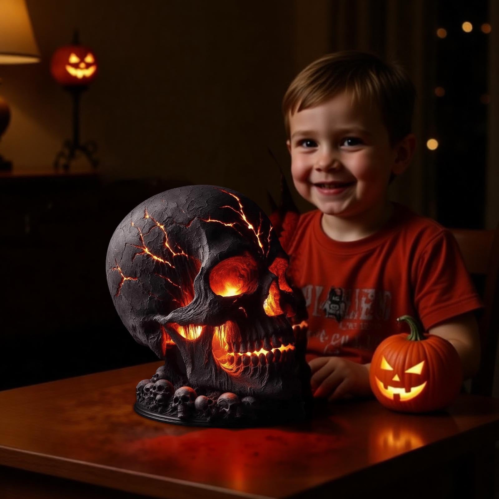 Chanana Skull Flame Table Lamp, Lava Stone Skull LED Desk Light