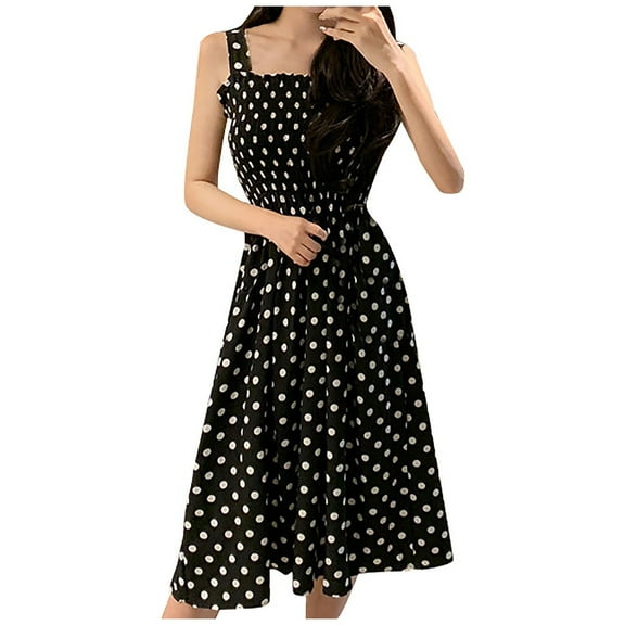 Polka Dot Dress Women's Fashion Loose Sleeveless Shoulder Casual Sundress, Plus Size Summer Bohemian Beach Dress,Black One Size