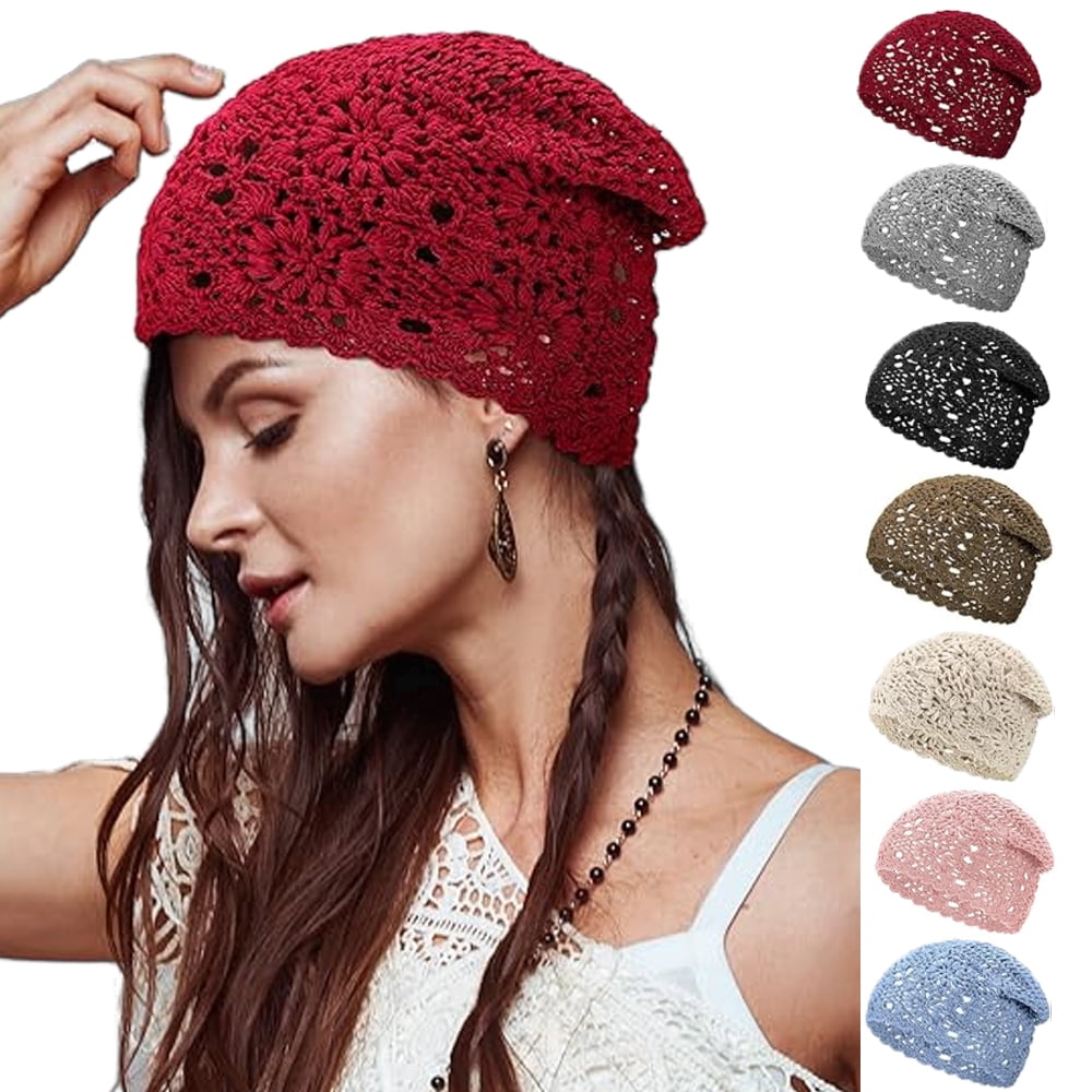 ZXM Women Cotton Crochet Slouchy Beanie Hat Handmade Knit Cutout