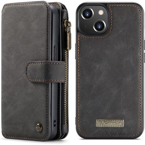 for iPhone 13 Wallet Case,Multifunction Zipper Purse Wallet Case [Card Slots][Cash Pocket][Kickstand] Detachable Magnetic Back Phone Cover for iPhone 13 6.1 inch (Black)