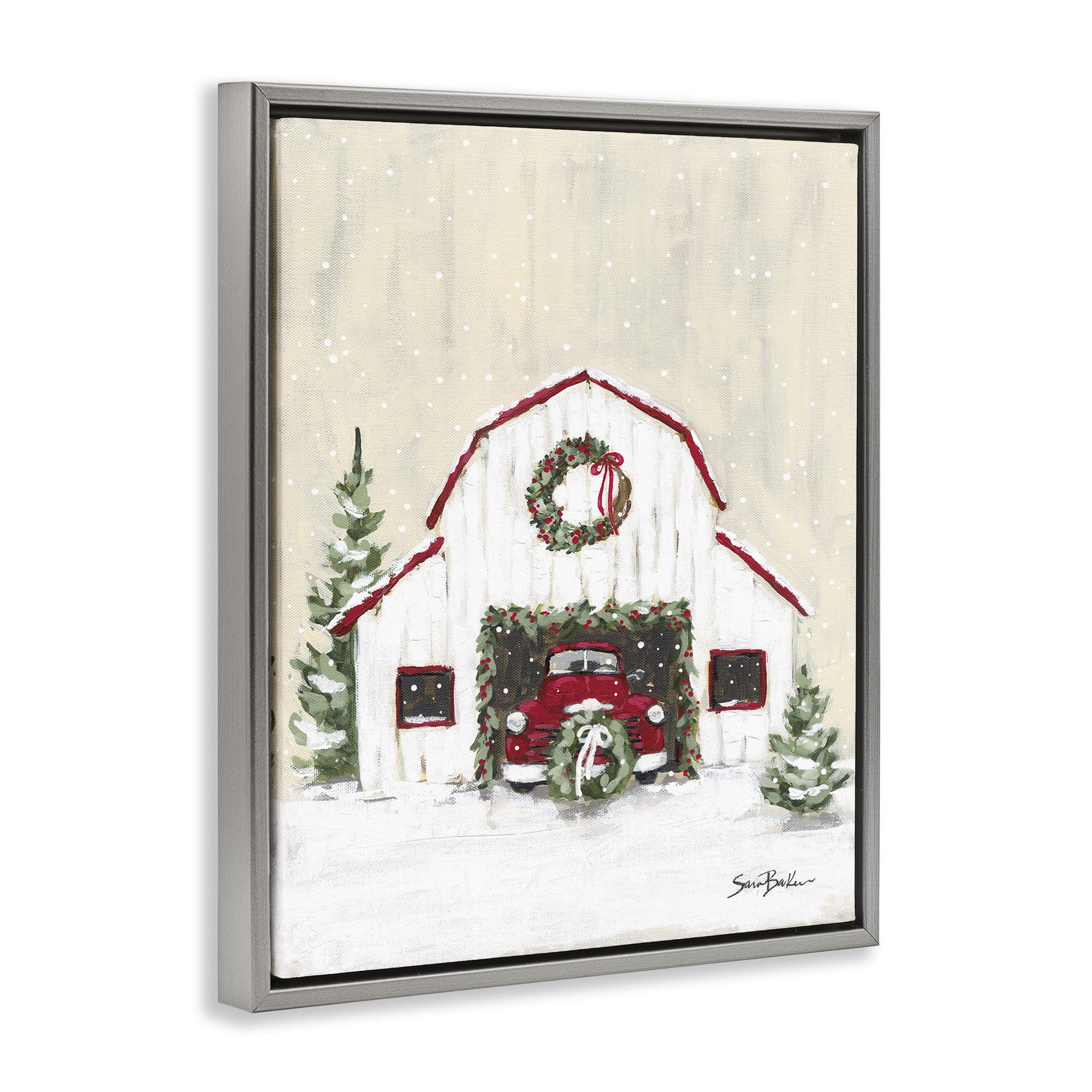 Stupell Industries Seasonal Garlands Barn Holiday Painting Gray Floater Framed Canvas Art Prints Wall Art, 17 x 21