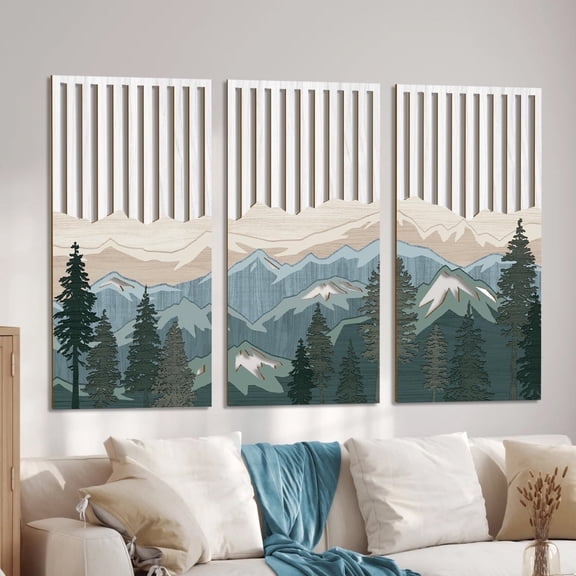 HPNIUB Mountain Wooden Wall Art Abstract Landscape Forest Scenery Decor Nature Painting Set of 3 for Living Room Bedroom Office 16x32 Inch