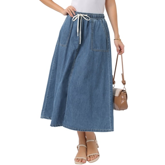 INSPIRE CHIC Denim Maxi Skirt for Women Elastic Waist Casual A Line Long Jean Skirts XS Blue
