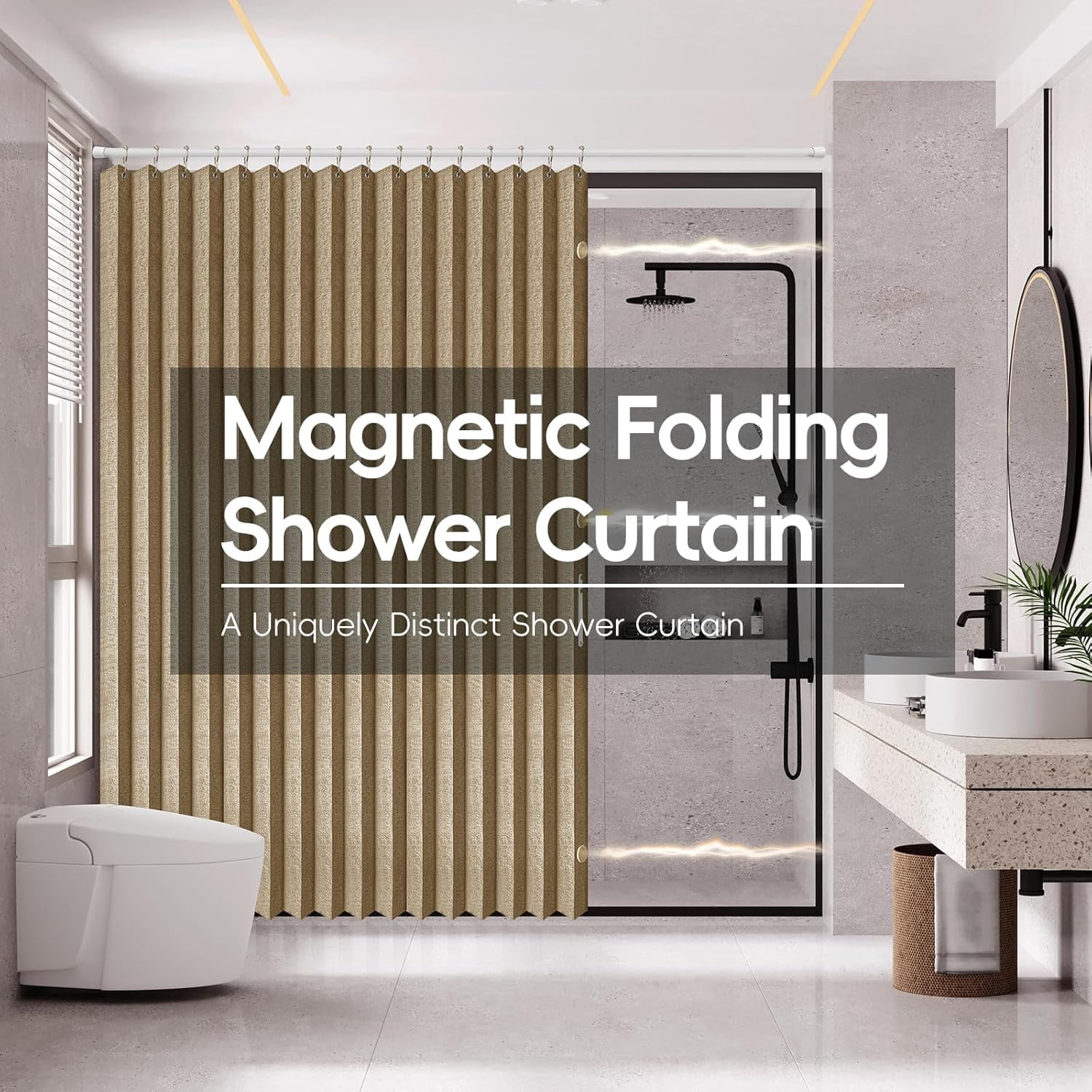 Magnetic Folding Shower Curtains Acordion Shower Curtain Fabric Polyester Waterproof Shower Curtains Suitable for Family Hotel Homestay Bathroom (Brown,77" W x 72" L) 1 Panel