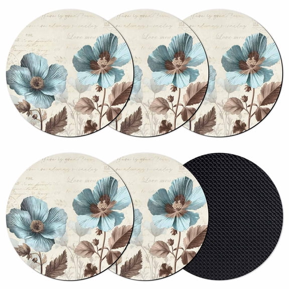 Teal Blue Tulip Coasters Set of 6, Vintage Brown Flowers Elegant Plant Absorbent Coasters for Drinks, Coaster for Bar Office Dining Coffee Table Accessories Decor, Non Slip Round Desk Coaster