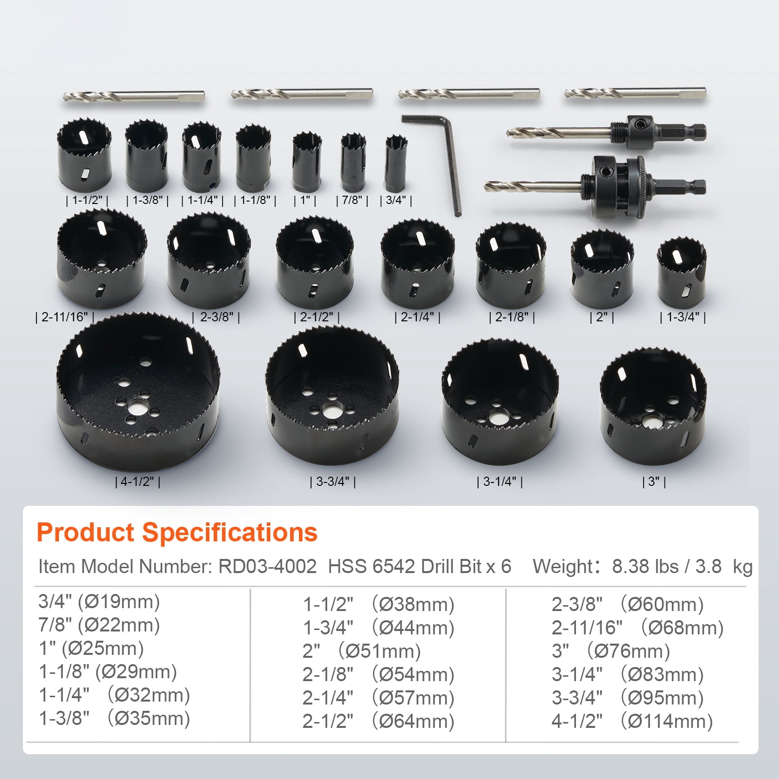 VEVOR Bi-Metal Hole Saw Kit, 18PCS Hole Saw Set with 3/4" to 4-1/2", 6 Drill Bits, M42 Hole Saw Set with High Strength Hard Alloy Steel, Mandrels, Hex Key, Drill Bits for Metal, PVC Board, Wood