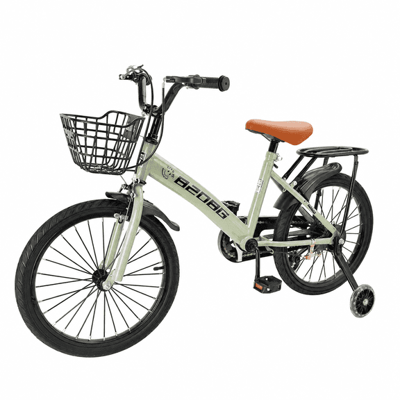18 Inch Kids Bike, Children Bikes for Boys Girls Age 6-10 Years old with Flashing Training Wheels, Basket, Dual Brake, Kids Bicycle Green
