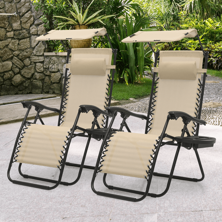 MoNiBloom Patio Zero Gravity Chair Set for 2 Recliner Lounger with Canopy Shade and Foot Rest Utility Cup Holder Cream