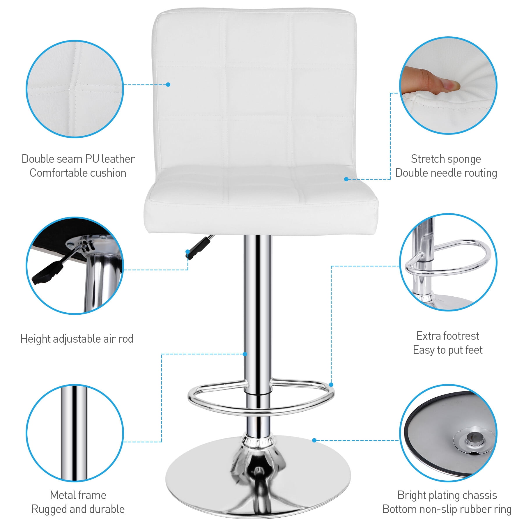 HomGarden Set of 2 Adjustable PU Leather Swivel Barstool Indoor Bar Stool W/ Back, White