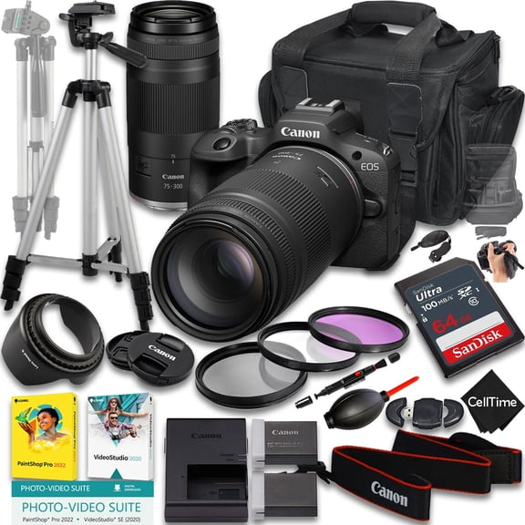 Canon EOS R50 Mirrorless Camera with RF 75-300mm f/4-5.6 Lens   64 GB Memory   Extra Battery   Camera Case   Tripod   More (19pc Bundle)