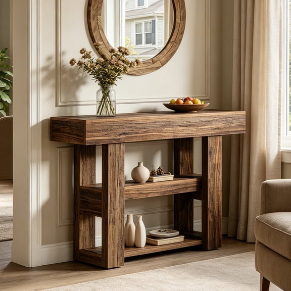 Fnova 41.34" Farmhouse Console Table, Narrow 2-Tier Wood Entryway Table with Storage Shelf, Sofa Table for Living Room, Hallway, Behind Couch, Dark Brown