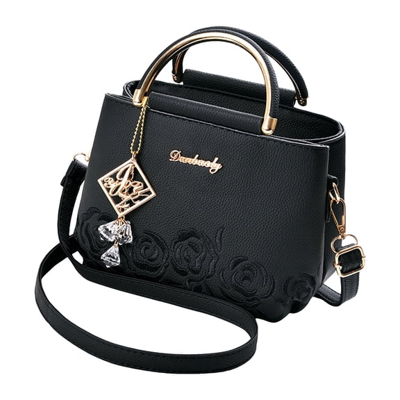 Women's Flower Embroidery Handbags Top Handle Faux Leather Satchel Purse Lightweight Crossbody Shoulder Bags Black
