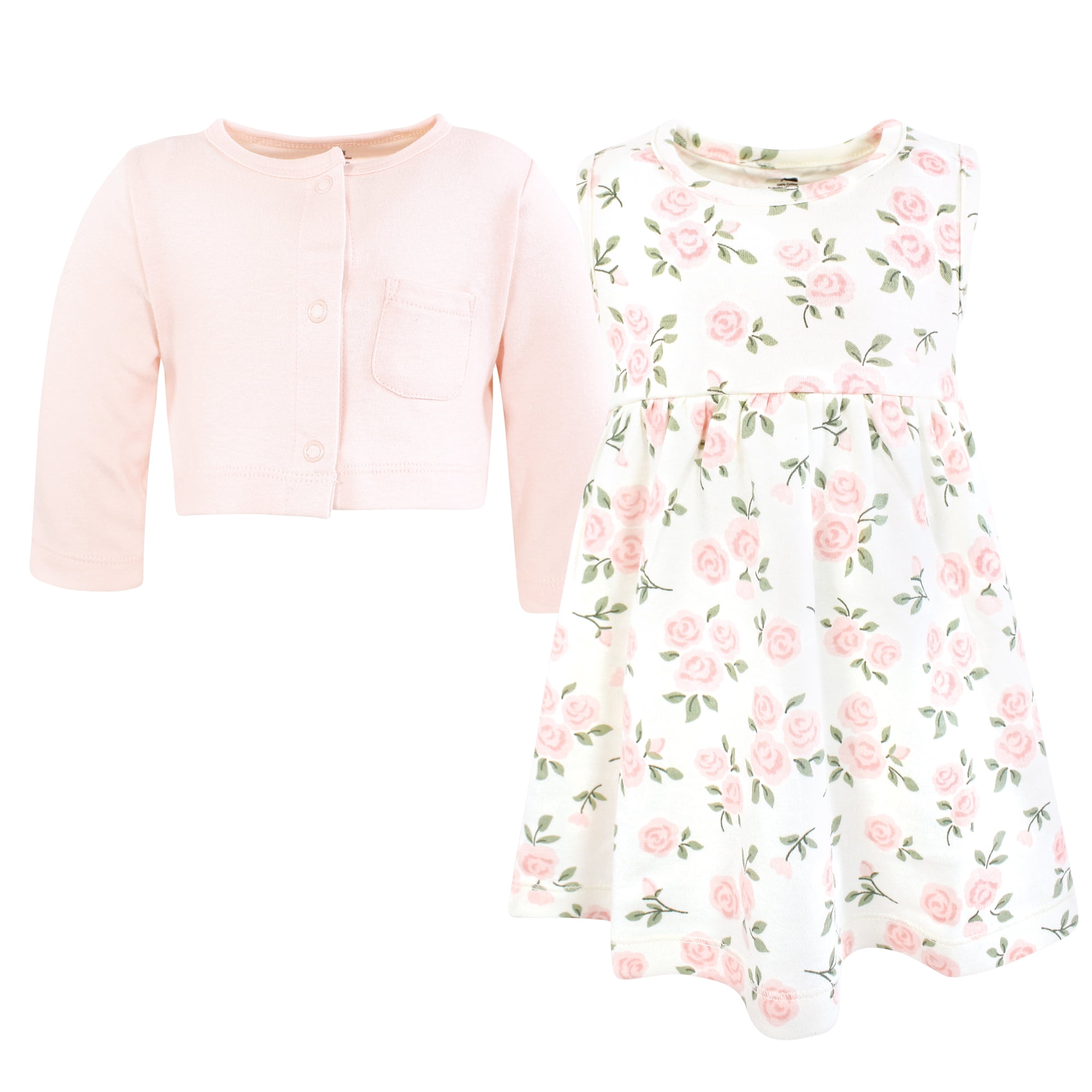 Hudson Baby Infant and Toddler Girls Cotton Dress and Cardigan Set, Soft Pink Sage Rose, 6-9 Months