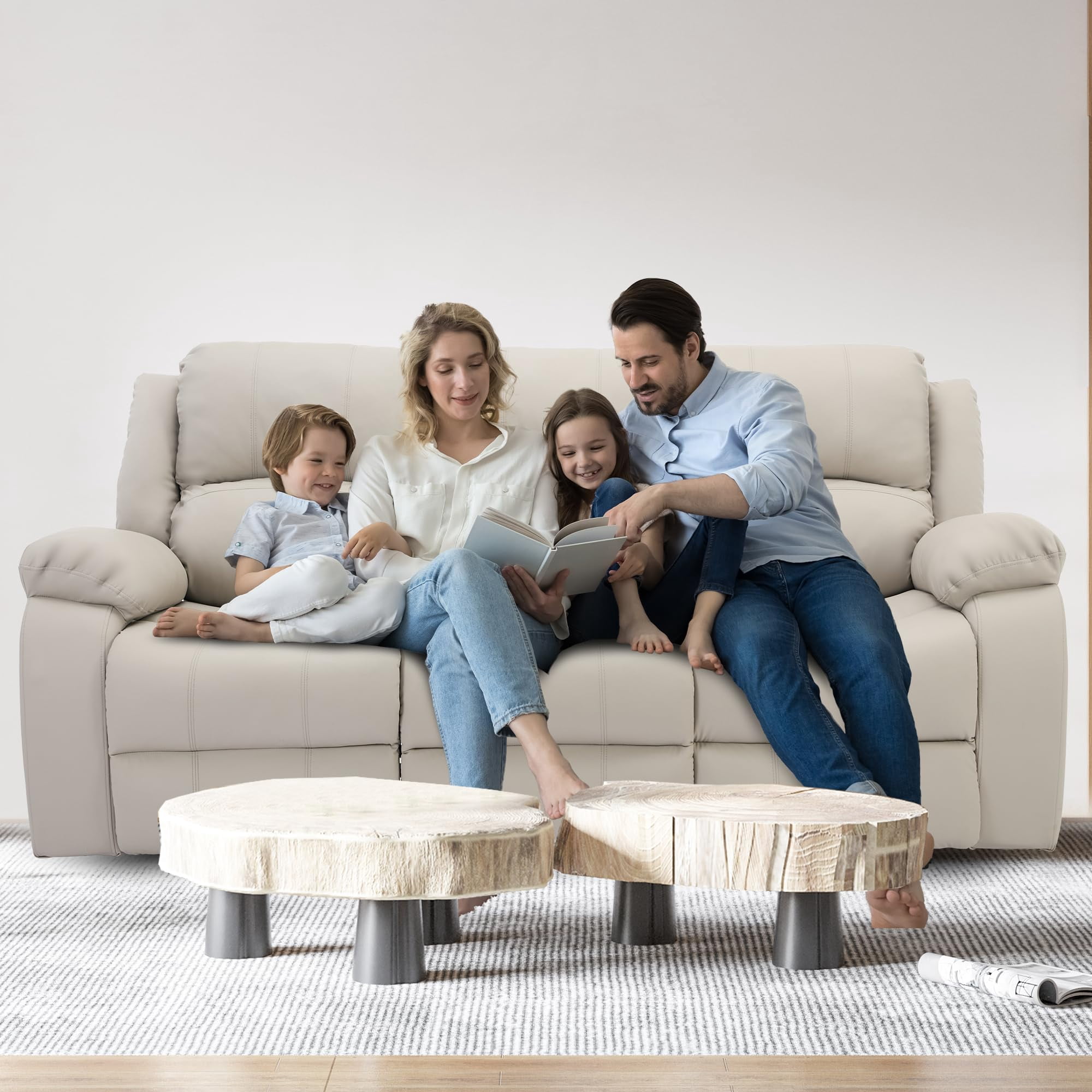 Comfortable Reclining Loveseat Sofa – Leather 3-Seater Recliner Couch for Living Room & Home Theater Seating (Beige)