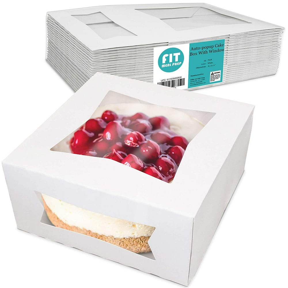 [25 Pack] Bakery / Pie / Cake Box with Window 8x8x4" White Cardboard Packaging for Cupcake