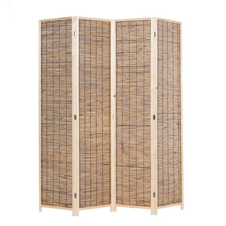 Wood Stove Screens Decorative THY COLLECTIBLES Decorative Freestanding Wood Frame Reed Woven 4 Panels Hinged Semi Privacy Panel Screen Portable Folding Room Divider (Carbonized Color) ()