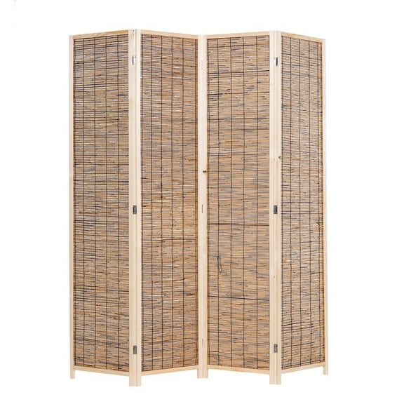 THY COLLECTIBLES Decorative Freestanding Wood Frame Reed Woven 4 Panels Hinged Semi Privacy Panel Screen Portable Folding Room Divider (Carbonized Color)