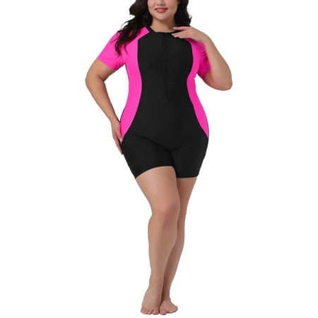 Agnes Orinda Women s Plus Size One Piece Swimsuits Zipper Short Sleeve Contrast Colors with Boyshorts Swimwear L Hot Pink