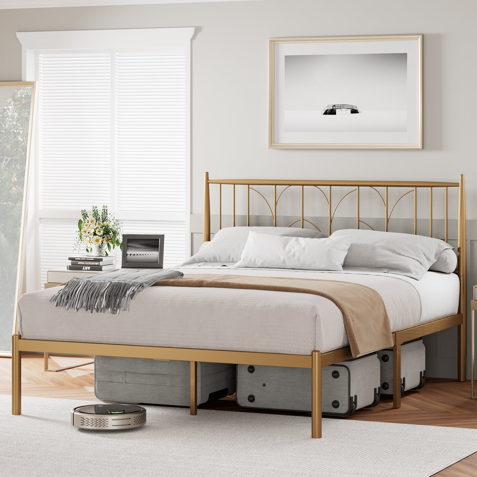 Senfot Queen Bed Frame, Gold Metal Queen Size Platform Bed Frame with