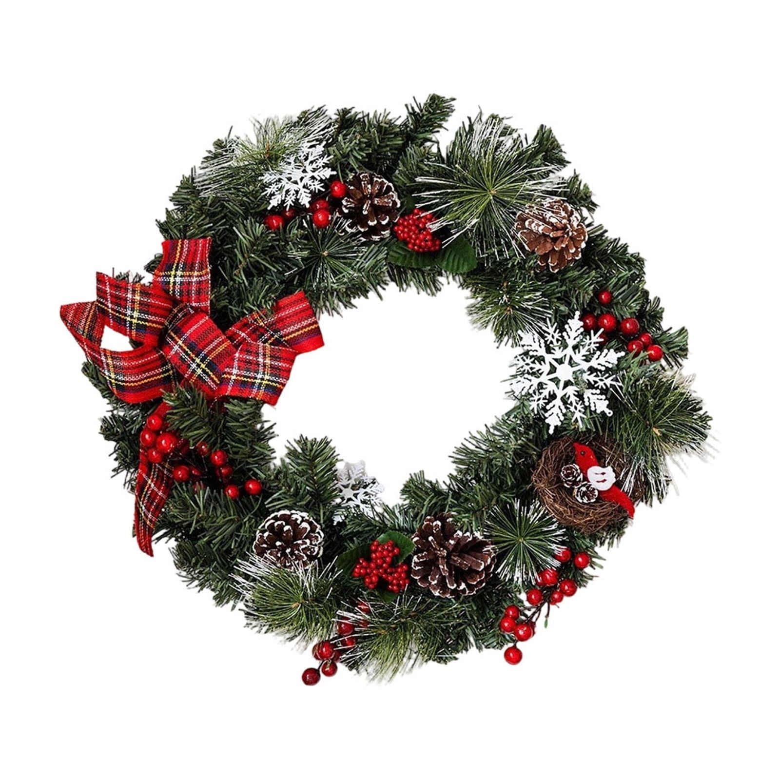 Christmas Wreath Merry Christmas Garland 17.7 Front Door Hanging Flower Wreath with Plaid Bow Pinecones Red Berries Snowflakes Bird Ornaments for Xmas Holiday Party Outdoor Indoor Decor