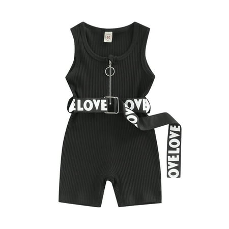 

One opening Girl’s Casual Sleeveless Jumpsuit Fashion Solid Color Zipper Round Neck One-piece Shorts with Belt