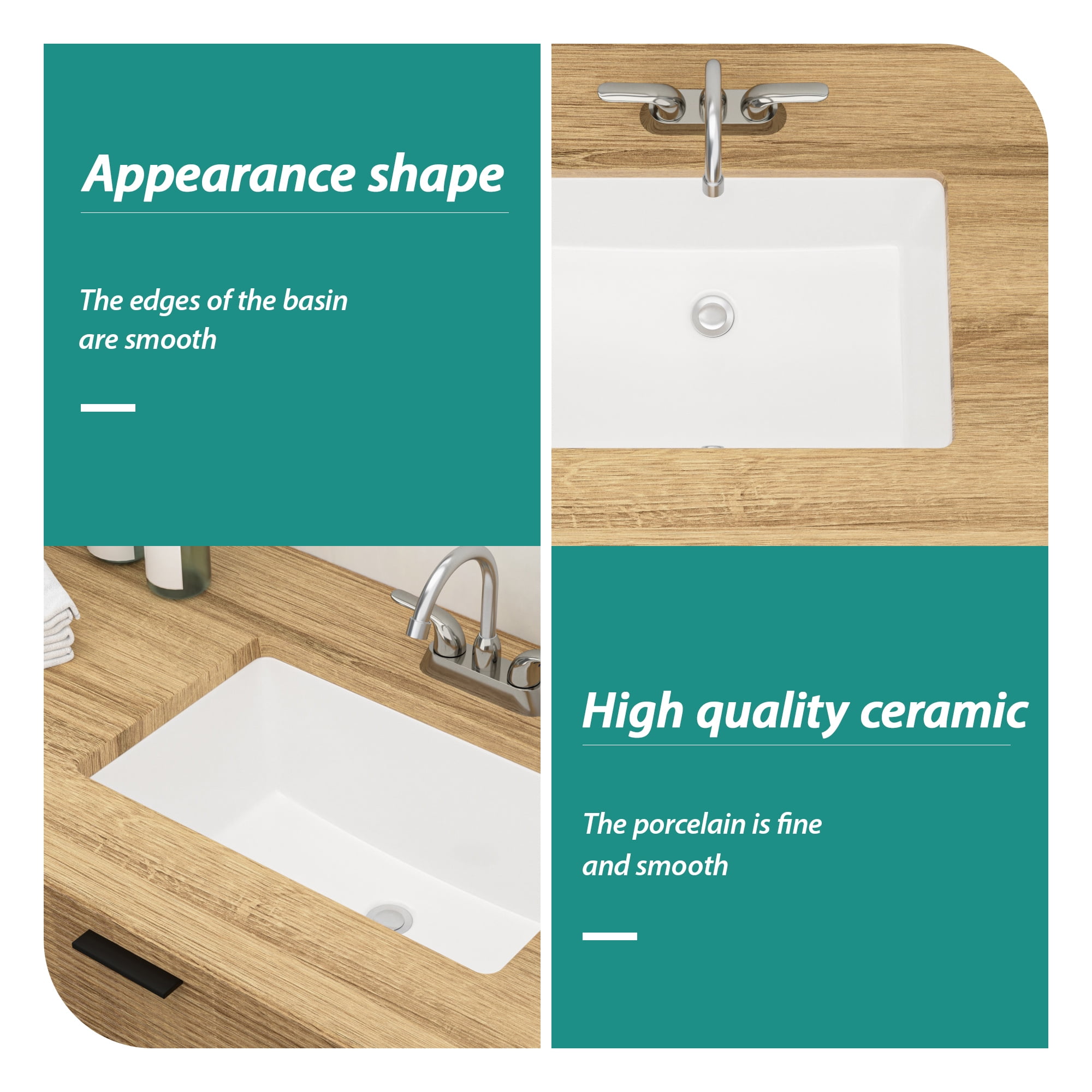21"×13"×7.25" White Ceramic Rectangular Undermount Bathroom Sink with Overflow Hole